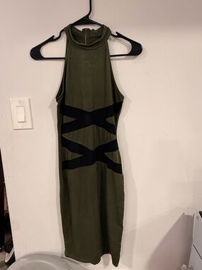 Olive Green Halter Bodycon Dress with Black Cutout Detail